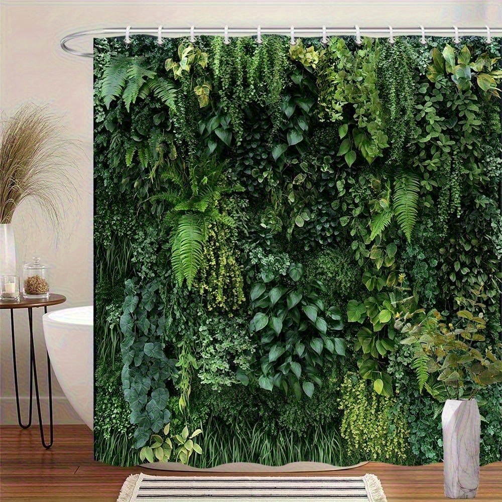 TEMU 1pc Shower Curtain - No-drill Hooks Included, High Quality Bathroom Decor With Greenery, Machine Washable Polyester Curtain For Spa-like