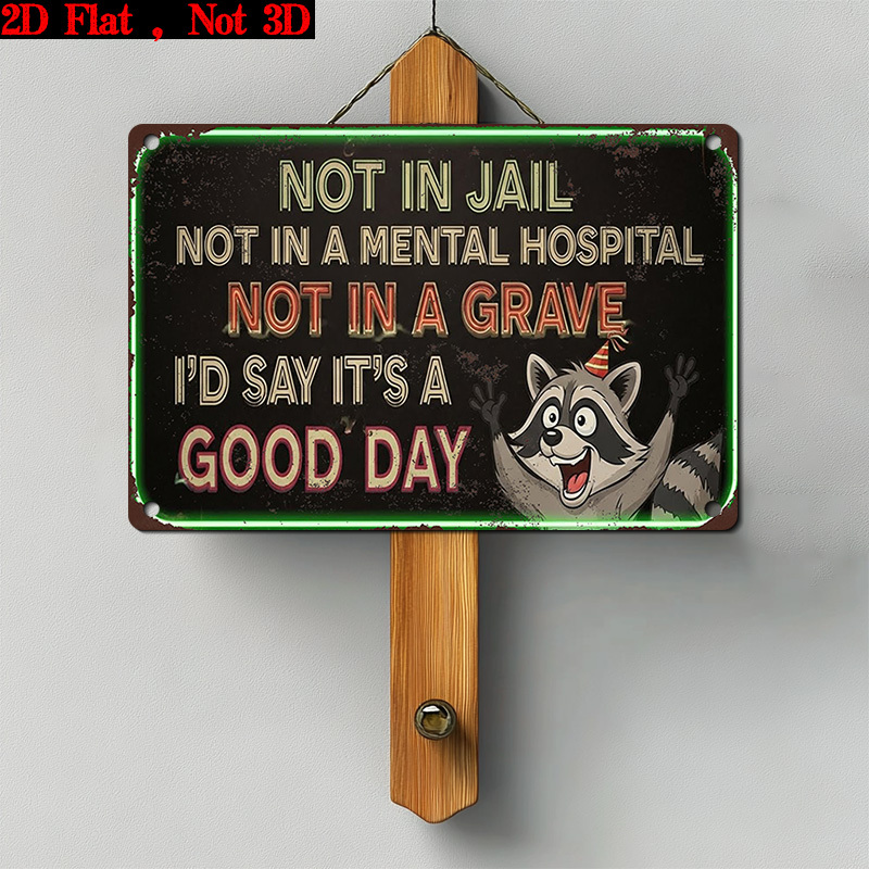 TEMU 2d Flat, Retro Humorous Raccoon Wall Sign - "not In Jail//grave" Funny Wooden Plaque Suitable For Home Decor, Artificial Wood Hanging Decoration