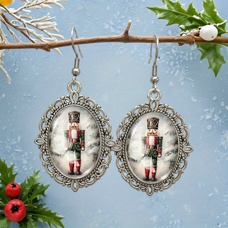 TEMU 1 Pair Nutcracker Oval Dangle Earring Glass Dome Cabochon Earrings Handcraft Jewelry Gifts