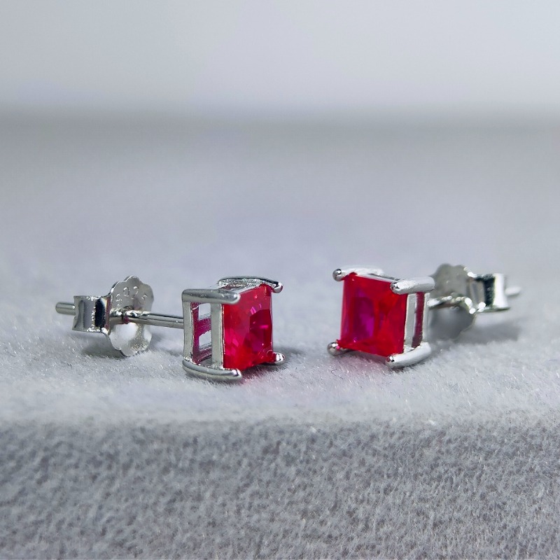 Women's 925 Silver Unique Square Synthetic Red Gemstone Earrings