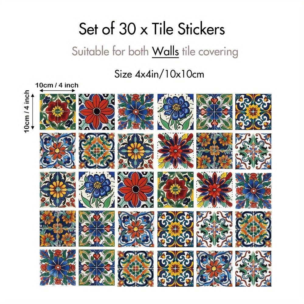 TEMU 30pcs Bohemian Style Self - Adhesive Wall Tiles. Peel And Stick. Waterproof Wall Stickers For Living Room, Kitchen And Bedroom. Vinyl Wall