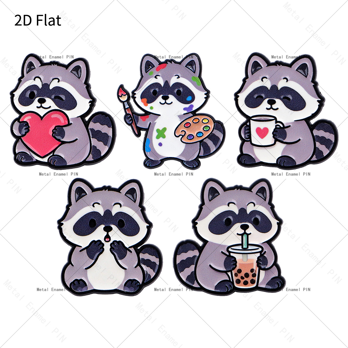 TEMU Plat 2D, Lot de 5 épingles de revers plates 2D mignonnes de raton laveur, épingles et broches en émail, épingles-badges pour sacs à dos, sacs,