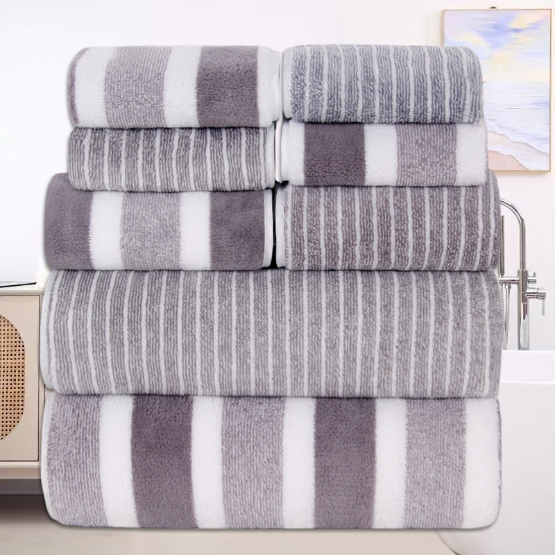 Image of 8pcs Coral Fleece Set: Towels, Washcloths, Bath Towels, Quick-dry Striped Adult Face Towels For Bathrooms