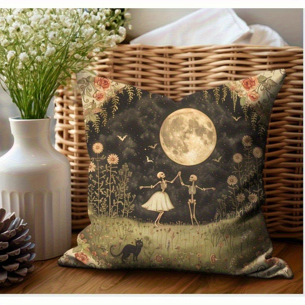 TEMU 1 Halloween Pillowcase- 18x18inch Dancing Skeleton And Design, Single-sided Print Of Forest Bats And Floral Patterns, Sealed Sofa/bed Cushion