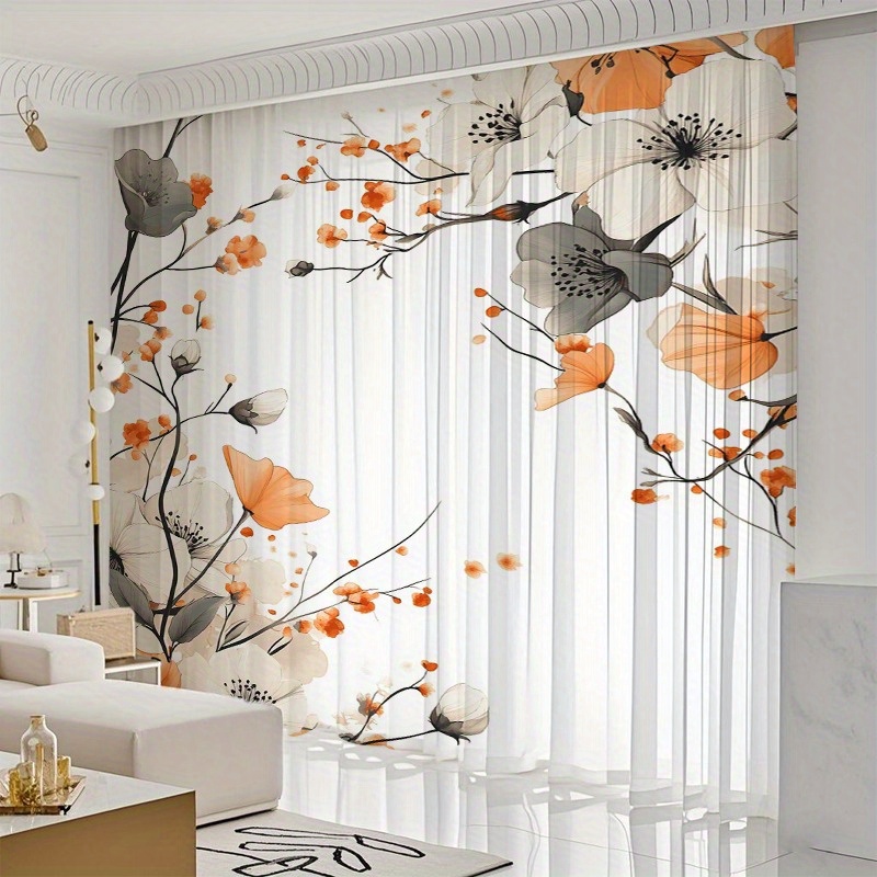 TEMU 2d Flat, 2pcs Panels Modern Orange & Gray Sheer Curtains Filtering Window Drapes Suitable For Living Room, Bedroom,, Office - -free Hanging