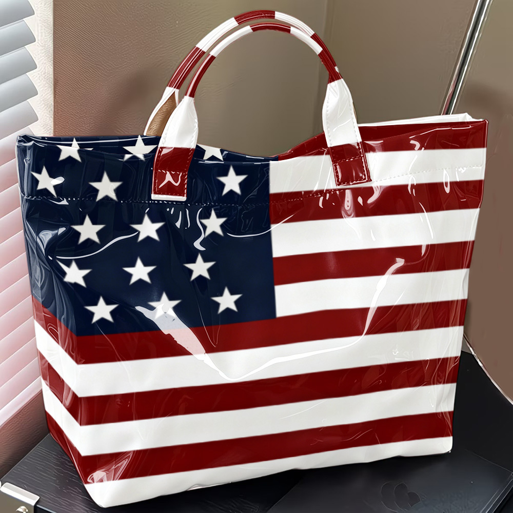 TEMU Retro American Flag Bright Face Tote Bag Pvc Patriotic Shoulder Bag American Theme Trendy Women's Handbag Patriotic Enthusiast Niche Gift