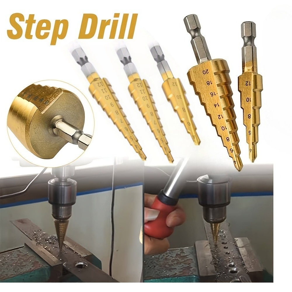 TEMU 5pcs Set Of Coated Drill Bits - Stepped Metal Drilling Additions, Suitable For Wood And Metal, Enhancing Drilling Power, Compatible With Hex,