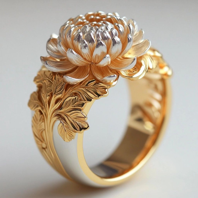 Women's Vintage Plated Wide Band Floral & Leaf Ring