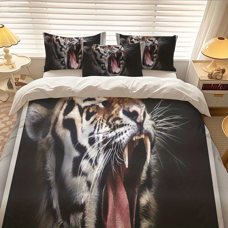 2/3pcs Tiger Roaring Fierce Printed Duvet Cover Set, Which Includes a Duvet Cover And Pillowcases - Perfect for Bedrooms And Bedding Decoration | Machine Washable Polyester Duvet Cover Set | an Ideal Choice for Christmas, Valentine'S Day, And More., Highend Fabric Woven Piece, Plush Bedspread, Digitally Printed Cloth, Halloween Duvet, Bedrooms And Bedrooms decor., Duvet Decoration Comfort., King Size Bed Frame with Headboard, Duvet Pack for Bedroom Decor, Bedding Basics, Fantasy