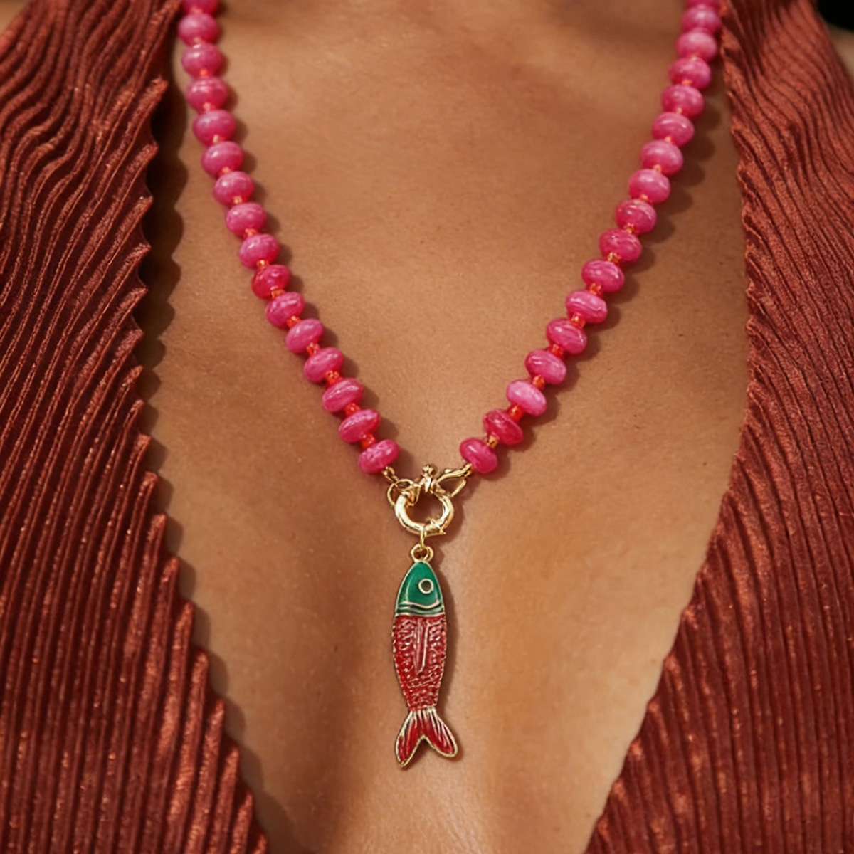 TEMU Collar bohemio colorido de cuentas de resina, accesorio de clavícula estilo vacaciones con pececitos esmaltados