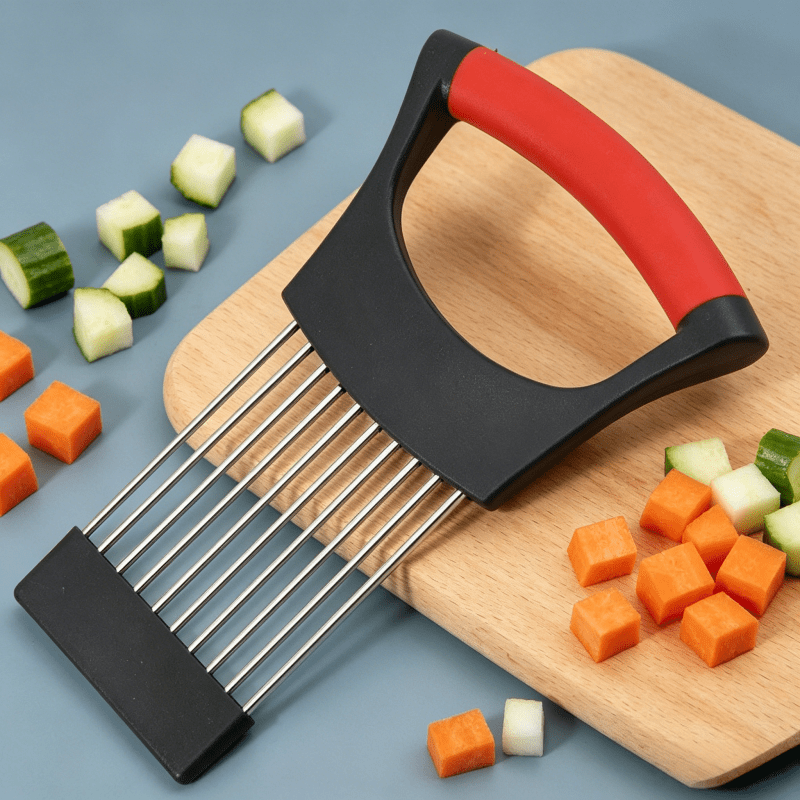 TEMU 1pc Stainless Steel Onion Slicer- Manual Vegetable And Fruit Cutter, With Secure Holder, Onion Needle Holder, And Meat Tenderizer, Suitable For