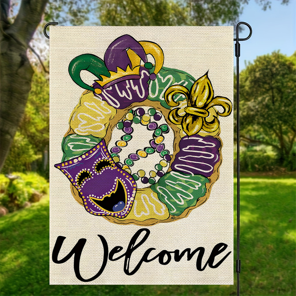 

1pc Mardi Gras Flag, Polyester Double-sided Yard Flag, Multipurpose Home & Garden Decor, With Donut Mask & Fleur , For Mardi Gras Celebrations, No Flagpole Needed, 12x18in