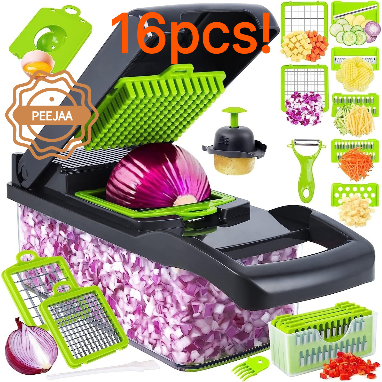 TEMU PEEJAA 1+15 pezzi 16-in-1 Tagliaverdure, Affettapatate e Tagliaverdure con Contenitore, Tritaverdure, Affettaverdure con 7 Lame Intercambiabili,