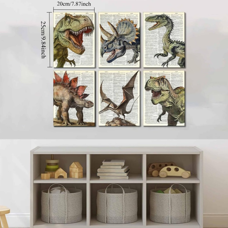 TEMU 2d Flat, 2d/fla 6pcs Dinosaur Canvas Wall Art Set: Vintage , Triceratops, And Decorative Posters For Bedroom Or Dorm Room, Frameless