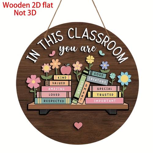 2d flat 18x 18cm round wooden classroom hanging sign inspirational wall decor with books and flowers 2d flat design made of wooden porch for teacher decoration classroom decoration