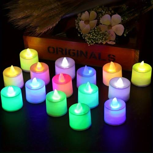 24pcs led flameless candles realistic flickering flame effect multi color blue green orange powered table decor for wedding party home christmas non rechargeable button cells included safe indoor outdoor decoration ideal for table centerpieces church spa restaurant decorations event centerpieces decorative lighting lightweight design ambient lighting
