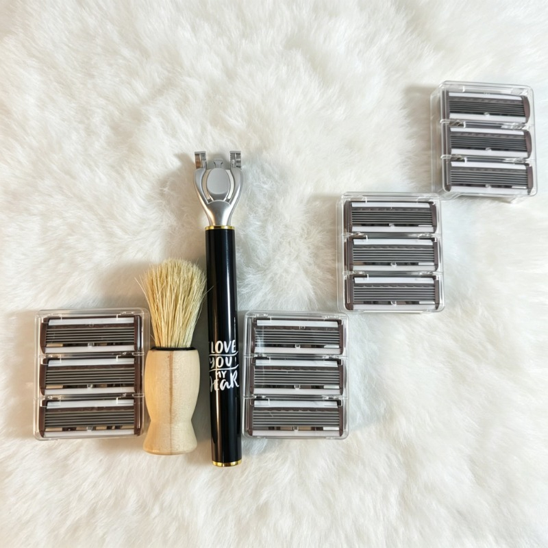 TEMU Rasoir Manuel à Six Lames de Qualité Supérieure pour Homme avec Têtes de Rechange et une Brosse à Barbe, Manche en Métal, Unisexe. Élimine les