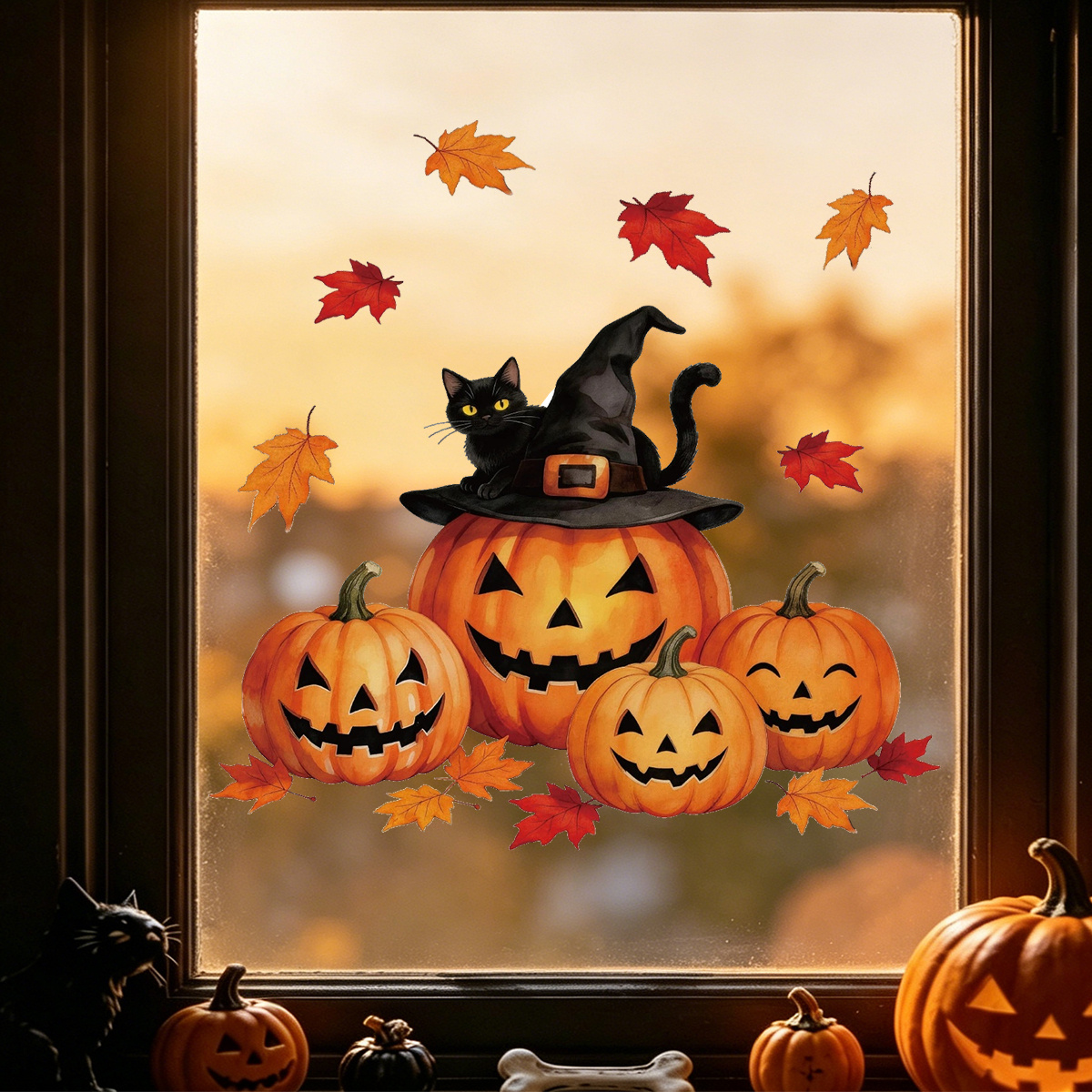 TEMU 1pc Halloween Pumpkin Maple Leaf Window Cling, Pumpkin Witch Hat And Black Cat Sticker Decoration, Adhesive-free Static Cling, Mall Store Window