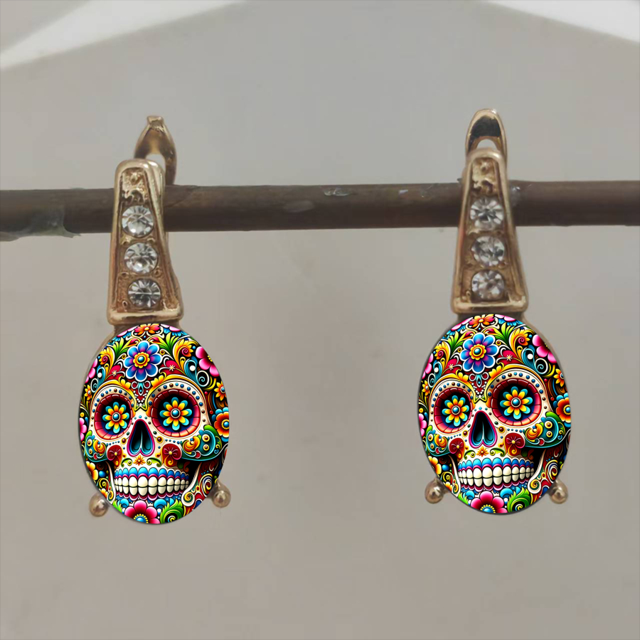 TEMU 2pcs Boucles d'oreilles Tête de Sucre Fleurs Boucles d'oreilles Jour des Morts Boucles d'oreilles Art Mexicain Boucles d'oreilles Ovales Boucles
