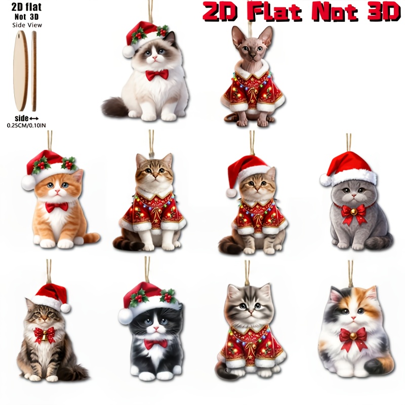 TEMU 2d Flat Design, 10 Artificial Wooden Decorative Pieces - , Tuxedo Cat, And Persian Style Kittens With Christmas Hats And Bows, Vintage Christmas