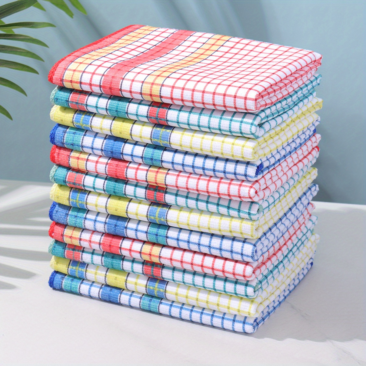 6/12pcs Waffle Kitchen Towels, Colorful Plaid Dish Cloths, Soft and Absorbent - Reusable Tea Towels for Drying Utensils and Cleaning Bars