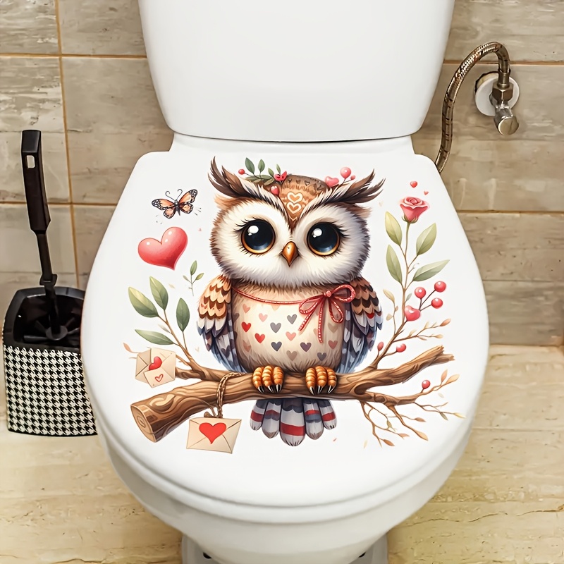 Romantic Owl Bathroom Sticker, Self-adhesive Ceramic Decal, Square Animal Pattern, Single-use Valentine's Day Toilet Decoration