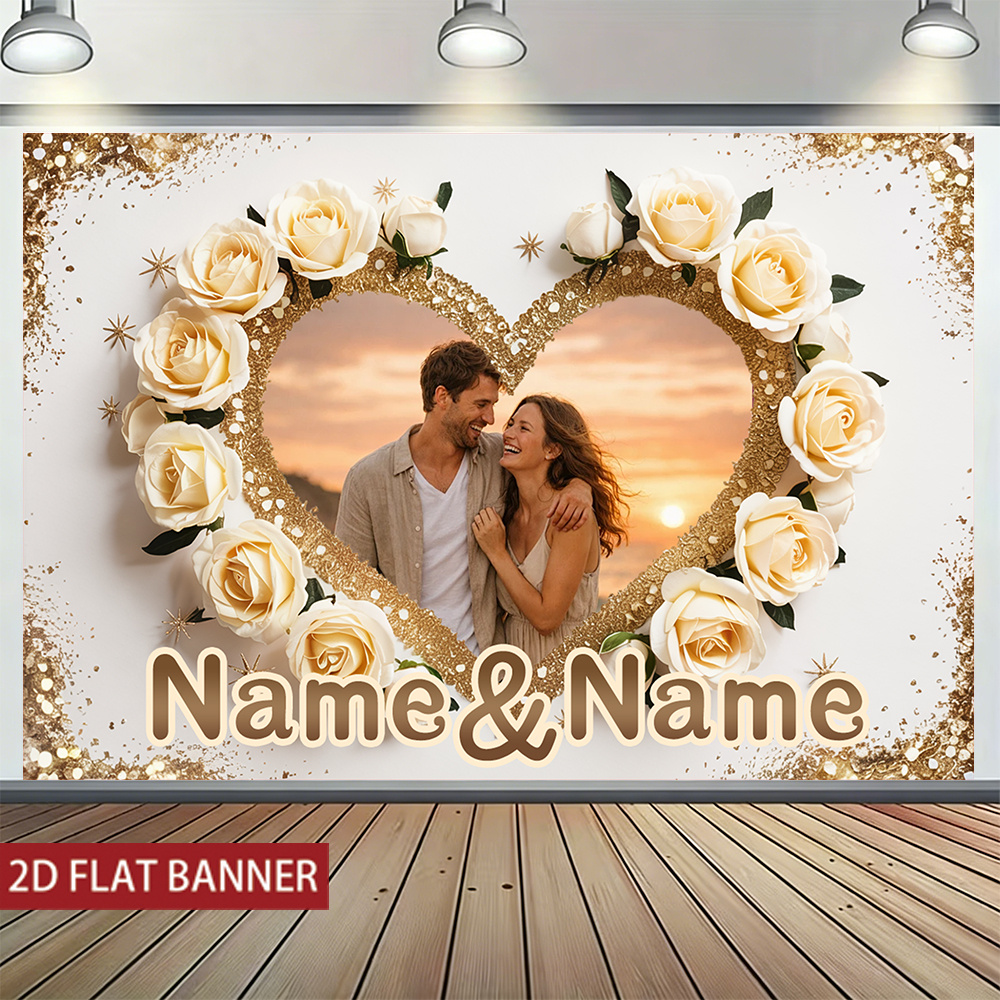 TEMU 2d Flat, 1pc Personalized Wedding Banner With Custom Name/text - Heart-shaped Photo Frame Backdrop Suitable For Proposals, Engagement Parties,,
