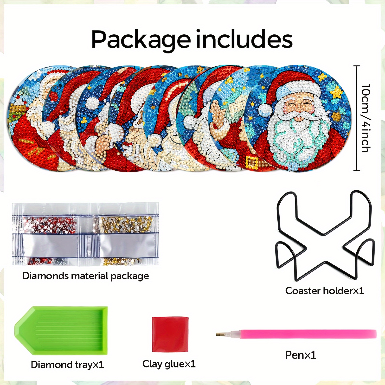 TEMU 8pcs 8pcs Diy Santa Claus Diamond Painting Coasters With Stand - Wood Suitable For Adult Sewing 5d Round , Complete Craft Kits For Beginners,