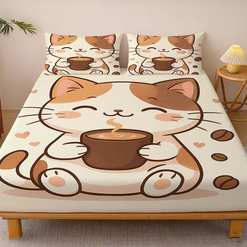 TEMU 【商品名】深いポケットが特徴の、暖かいコーヒーを楽しむ可愛い猫の姿がフィットシーツに描かれています。マットレスを完全に覆うようにデザインされており、サイズ、キングサイズ、シングルベッドに最適です。