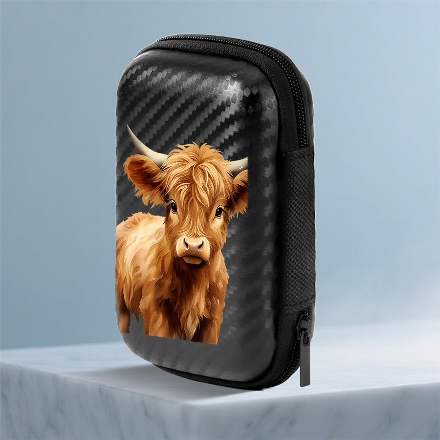 TEMU A Charming Highland Cow Design On A Stylish Printed Pattern, Featuring A 4.3-inch Compact Storage Bag Made Of Eva Carbon Fiber With A Hard Edge.