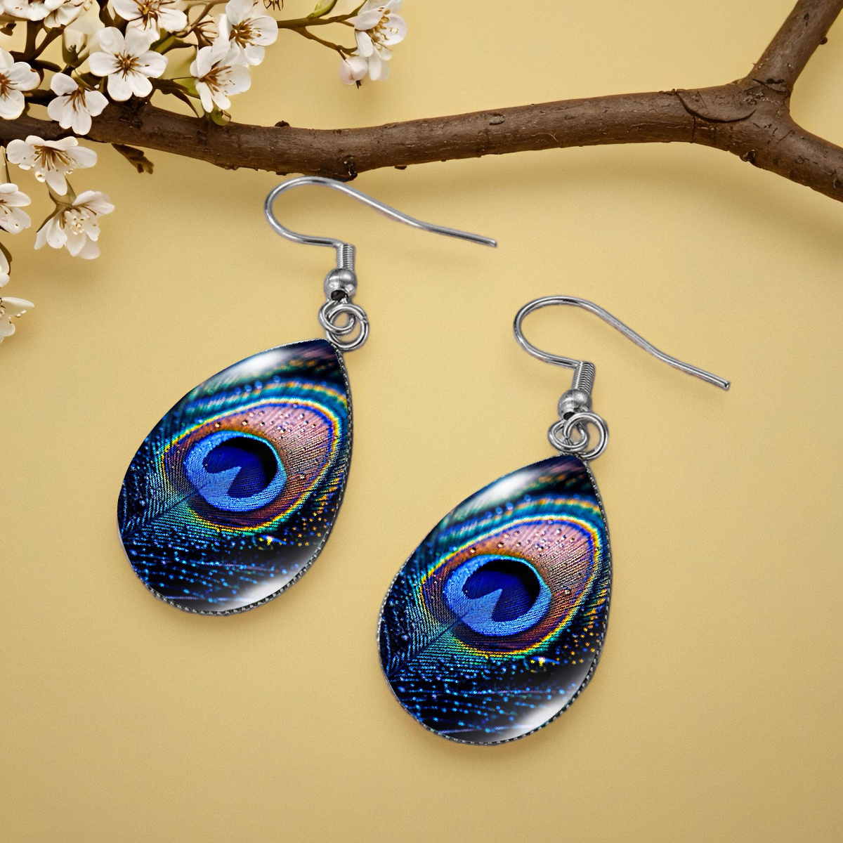 Stylish Water Droplet Earrings with Peacock Feathers