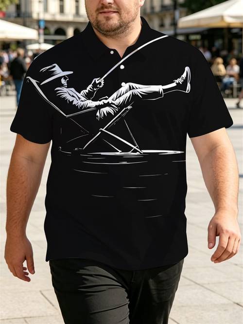 item picture mens minimalist black white line art button up shirt reclining angler with fishing rod design high contrast graphic short sleeve casual top for summer leisure and outdoor activities plus size