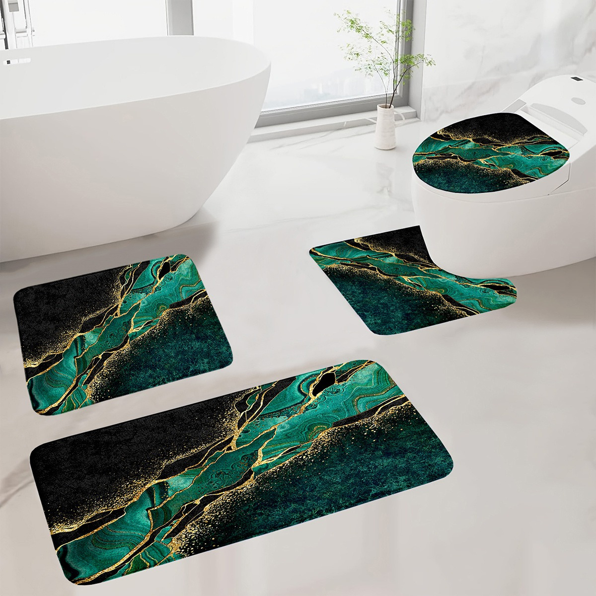 TEMU Set Of 4 Marble Pattern Bathroom Mats, Rug Set, Non-slip Bathroom Mat, Flannel Bathroom Mat, Bathroom Floor Mat, Universal Soft And Comfortable