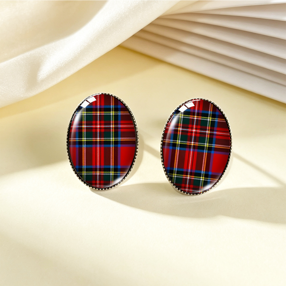 TEMU 1 Pair Easy Red Base Multicolor Checkered Texture Printed Oval Stainless Steel Stud Earrings, Easy Retro Style Ear Jewelry, Unisex Versatile Ear