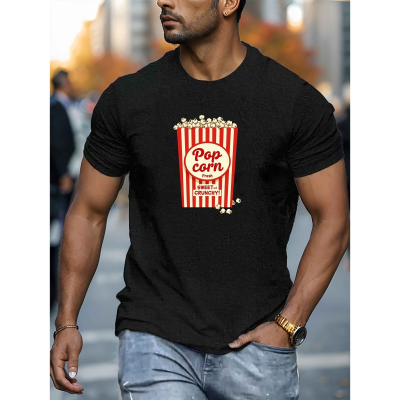 

Retro Charm, Men's Retro Popcorn Graphic T-shirt - Casual Short Sleeve Crewneck, Polyester, Machine Washable, Summer Fashion, Casual Streetwear| Design|knit Tshirt