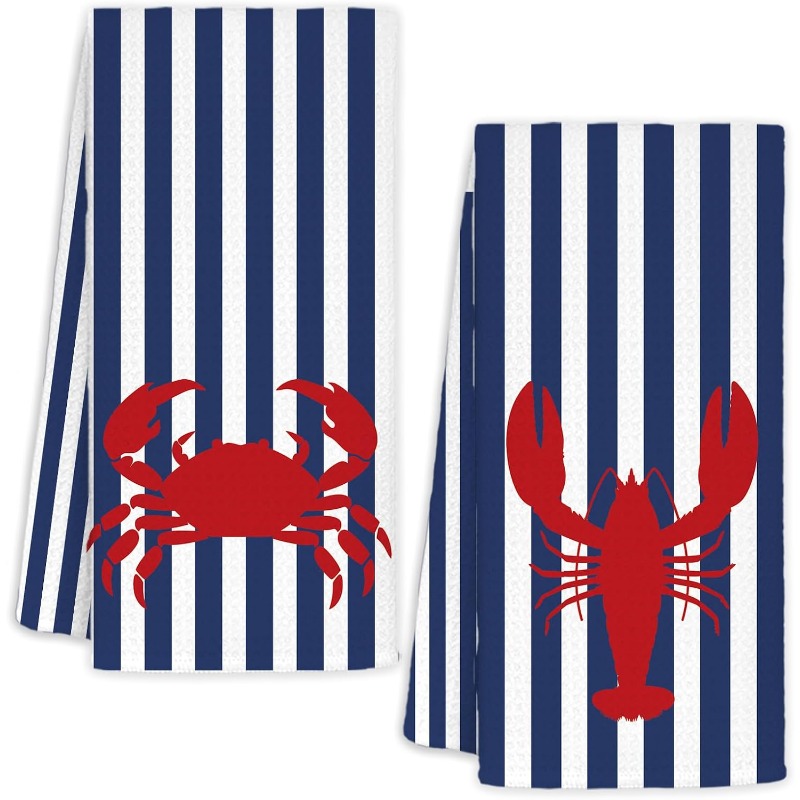TEMU 2pcs 18*26 POINES Serviettes de cuisine côtières , Serviettes de toilette de plage océan pour de bain, à thé décoratif à rayures bleu marine ,