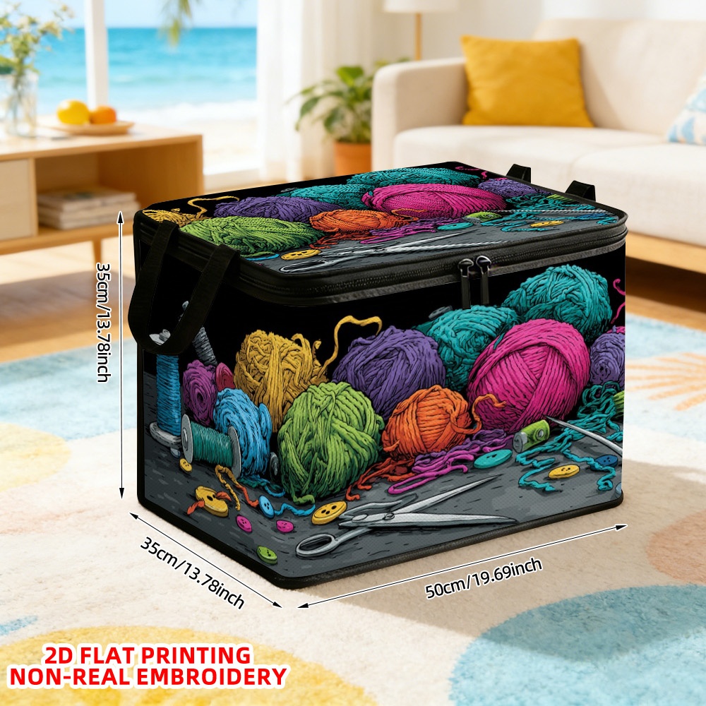 TEMU 1pc Colorful Yarn And Sewing Tools Printed Laundry Basket With Lid, Shelf Baskets, Clothing Storage Basket | Sturdy Polyester Fabric Hamper For