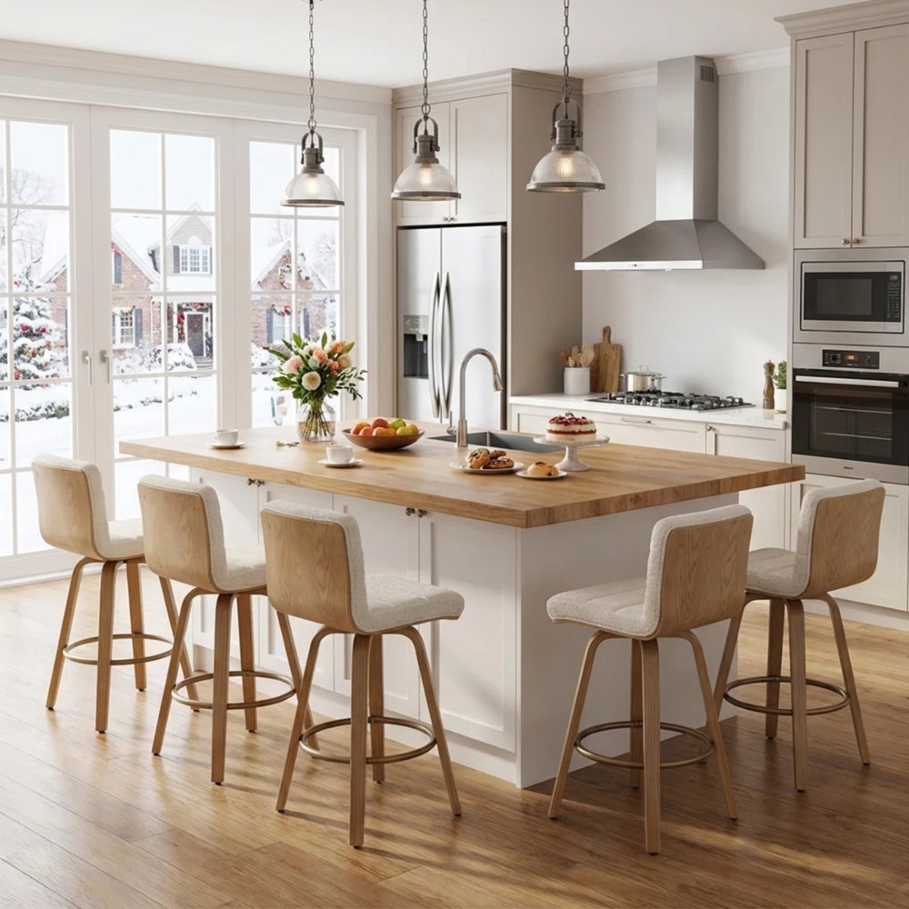 Pair of Contemporary Bar Stools Featuring Backs, Rotating Counter-Height Design, Upholstered Fabric for Kitchen Islands, Sturdy Wooden Legs, Ideal for Home Kitchens And Pubs