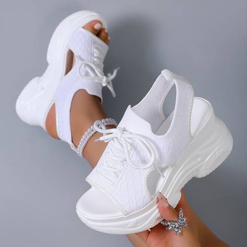new summer european and knitted platform wedge sandals for women wedge heel height increasing cutout fish mouth shoes breathable casual sports beach sandals versatile outdoor casual sneakers women shoes