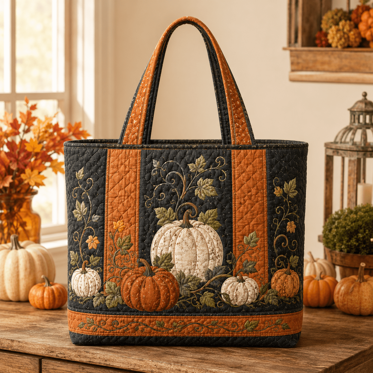 TEMU Women's Large Quilted Tote Bag Suitable For Travel, School, Work & Gym - Vintage With Charcoal Orange Vertical Panels & Pumpkin Green Vine,