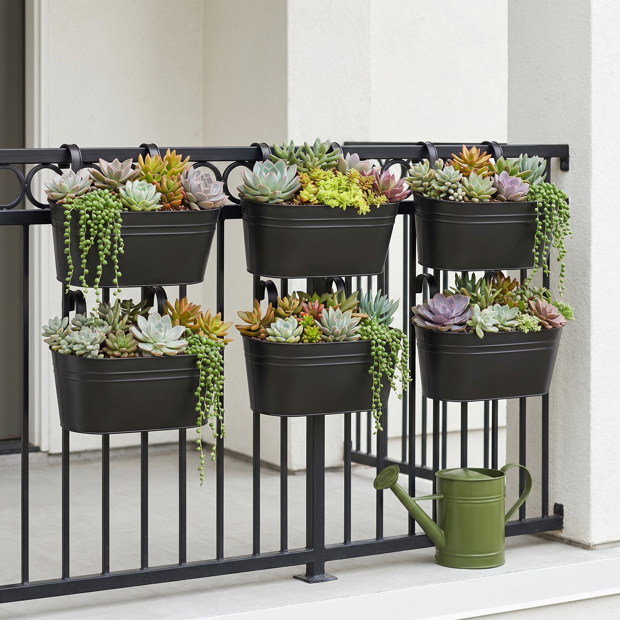 TEMU Rustic Black Iron Hanging Flower Pots With Detachable Hooks, 6pcs Set, Balcony Railing Fence Garden Decorative Flower Buckets