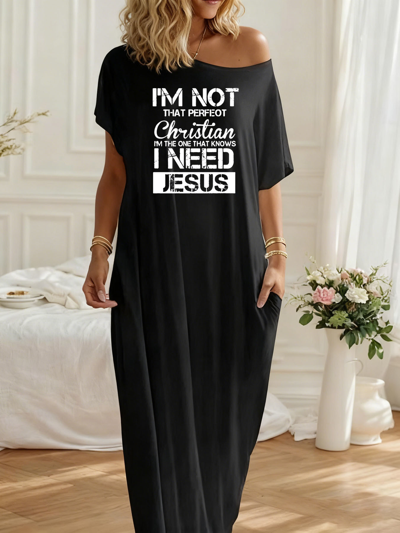 Casual And Comfy * Featuring a Loose Maxi Design with an Off-Shoulder Style  And a Christian Inspirational Quote Print