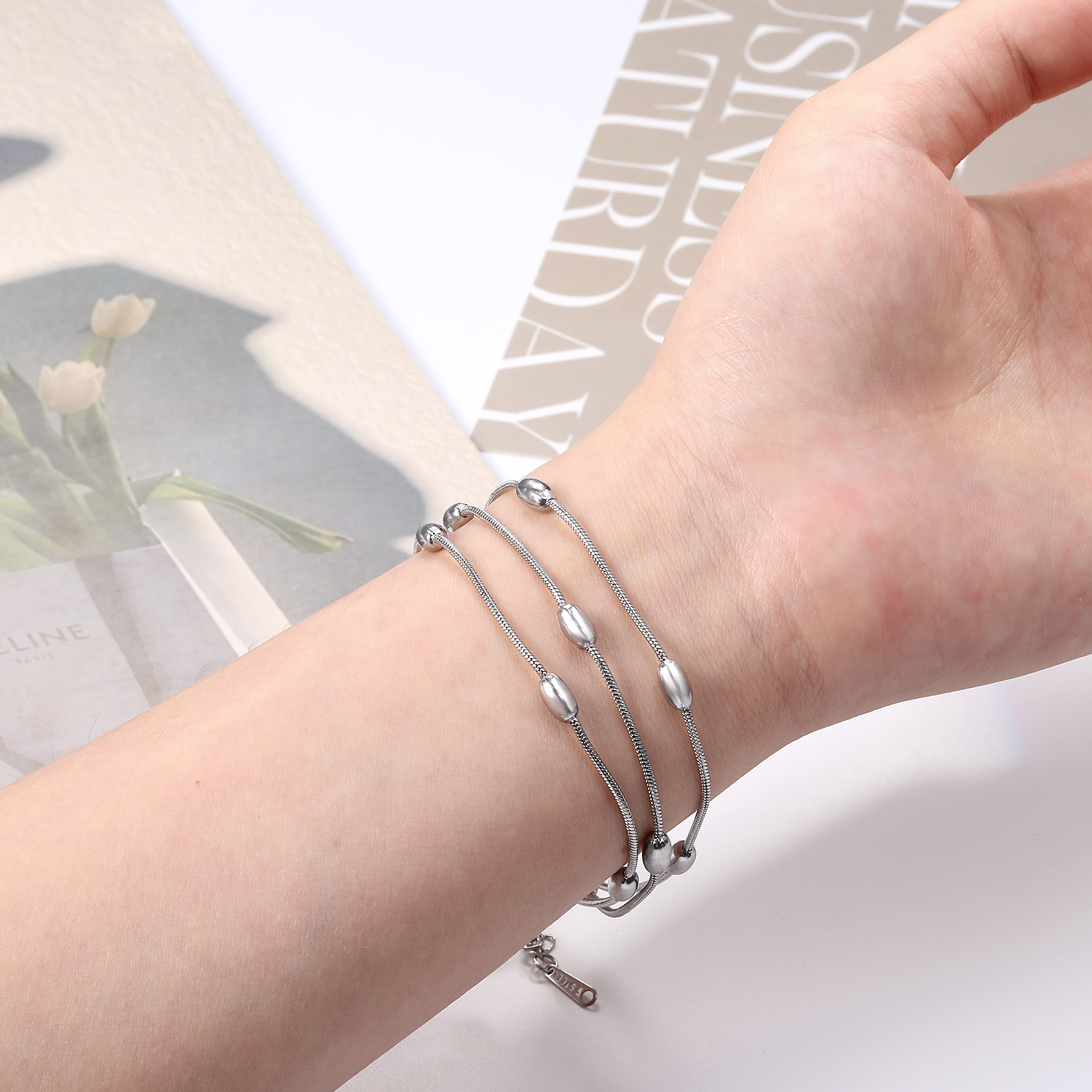 2pcs Stainless Steel Stackable Necklace Bracelet Set for Wedding Party Gift