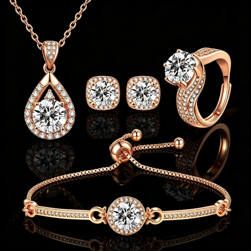 TEMU Set di gioielli da 925 in con moissanite a , 4 pezzi, collana, orecchini, braccialetto, anello regolabile, gioielli da donna, regalo per San