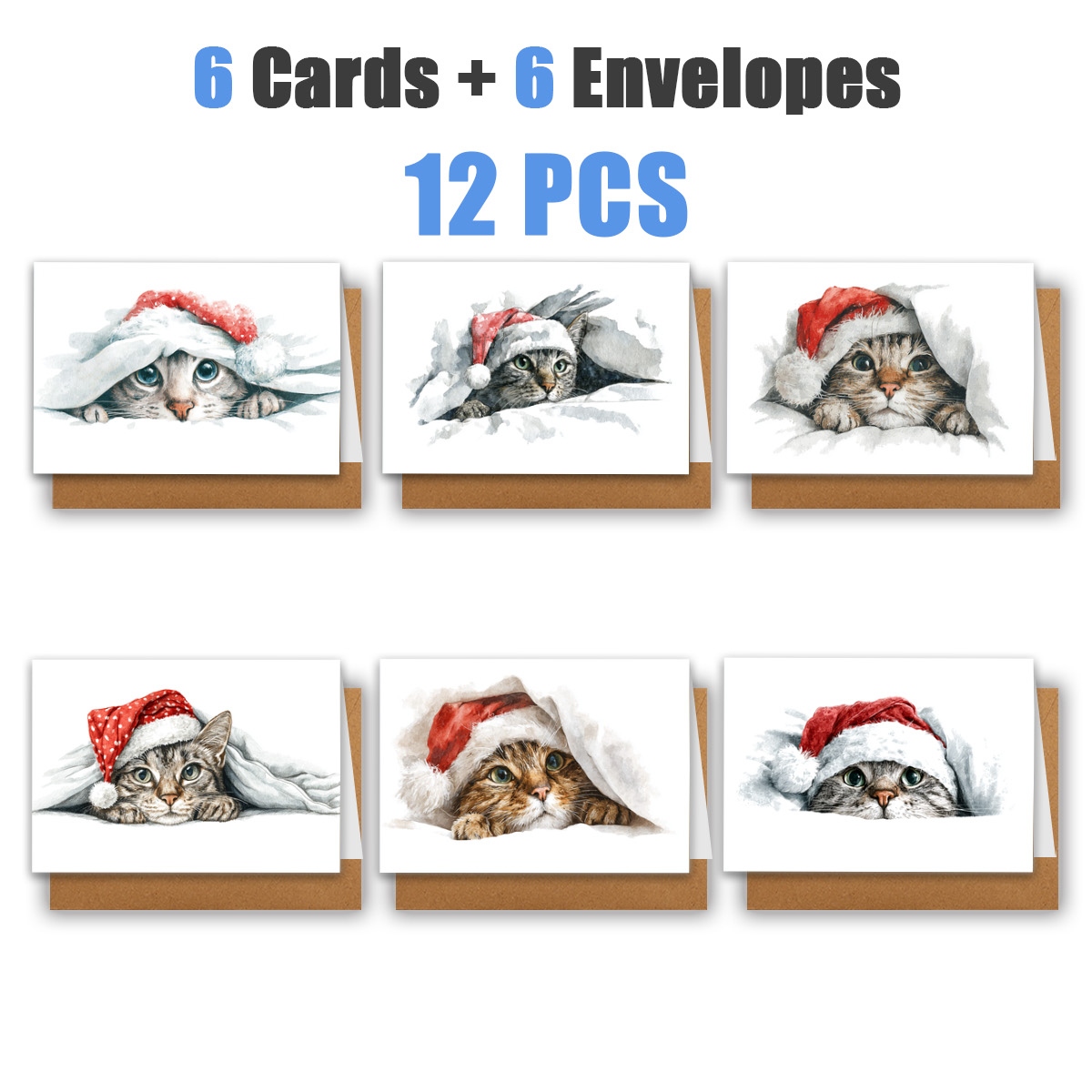 TEMU 1 Set/12 stuks/24 stuks Kerstkaarten met een kitten die een kerstmuts draagt | Inclusief enveloppen, wenskaarten | Perfect voor verjaardagen,