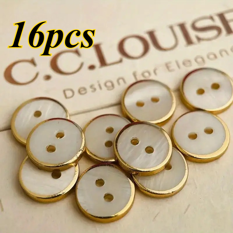 TEMU 16pcs Of 10mm White Shell Buttons With Golden Edges, Used For Sewing Clothing Additions And Decorating Shirts And Home Textiles