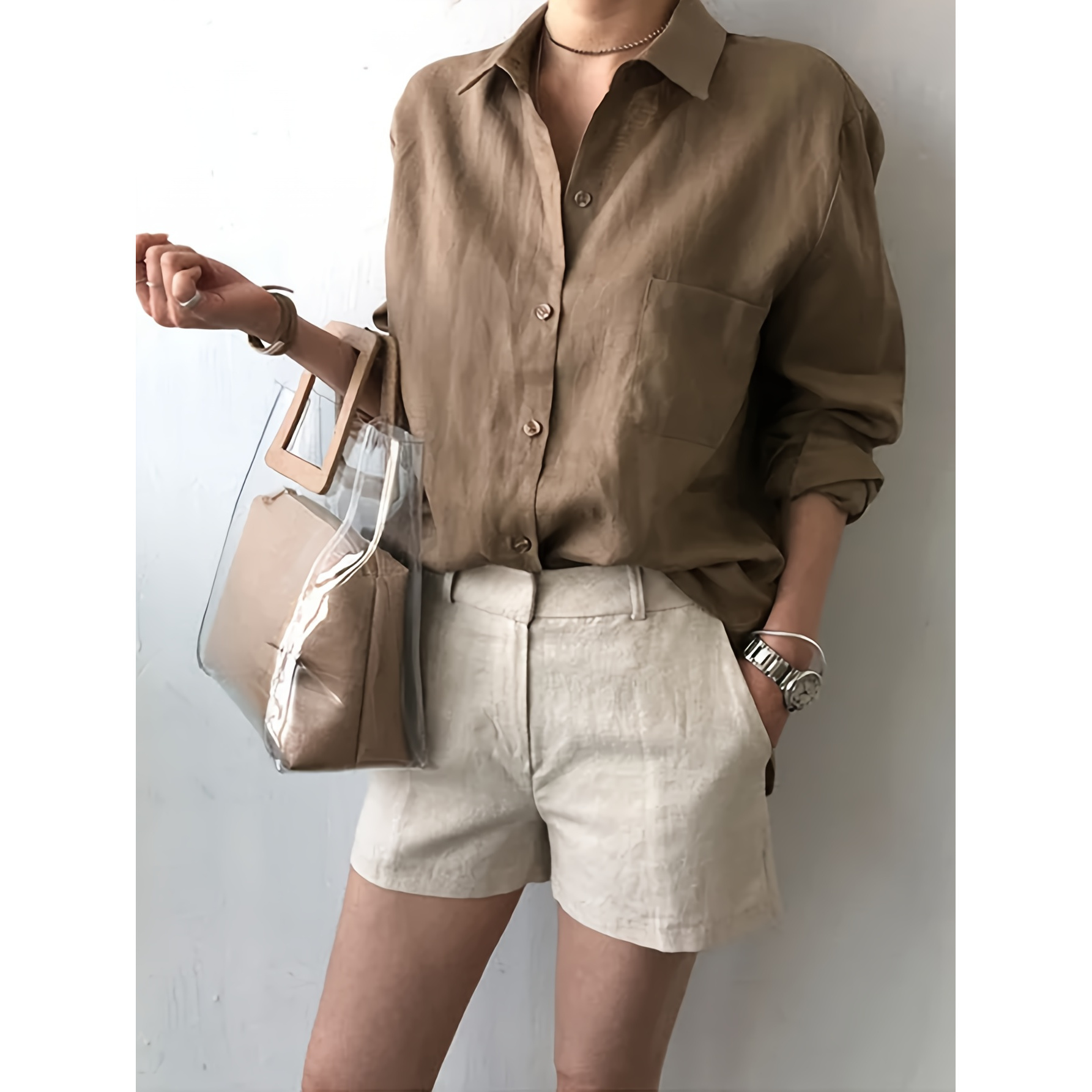 

Women's Elegant Solid Color Casual Long Sleeve Shirt With Button Lapel Collar, Polyester 96% Elastane 4%, Woven Fabric, 70g/m², Spring/fall Apparel