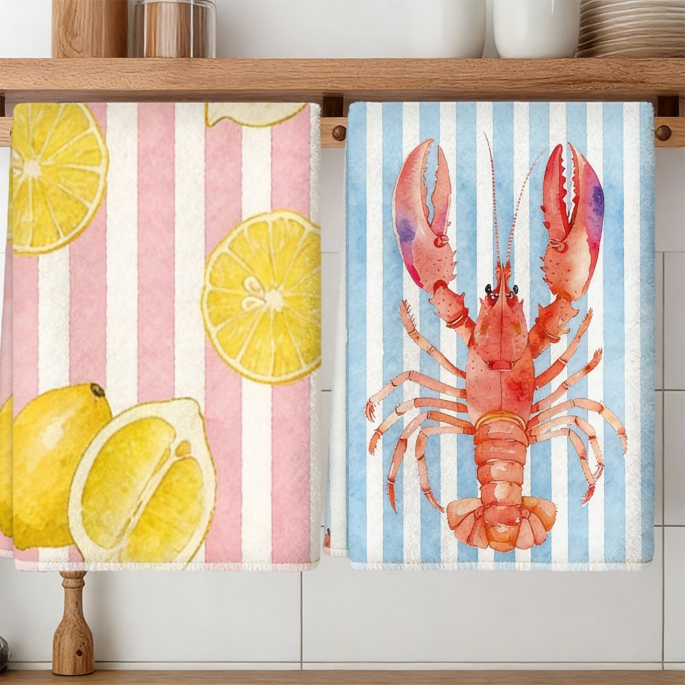 Image of 2pcs Kitchen Dish Towels Cleaning Cloth, Watercolor Lemon & Lobster Striped Design Kitchen Towels For Bathroom Cleaning, Outdoor Activities, Dishcloth Tea Towel