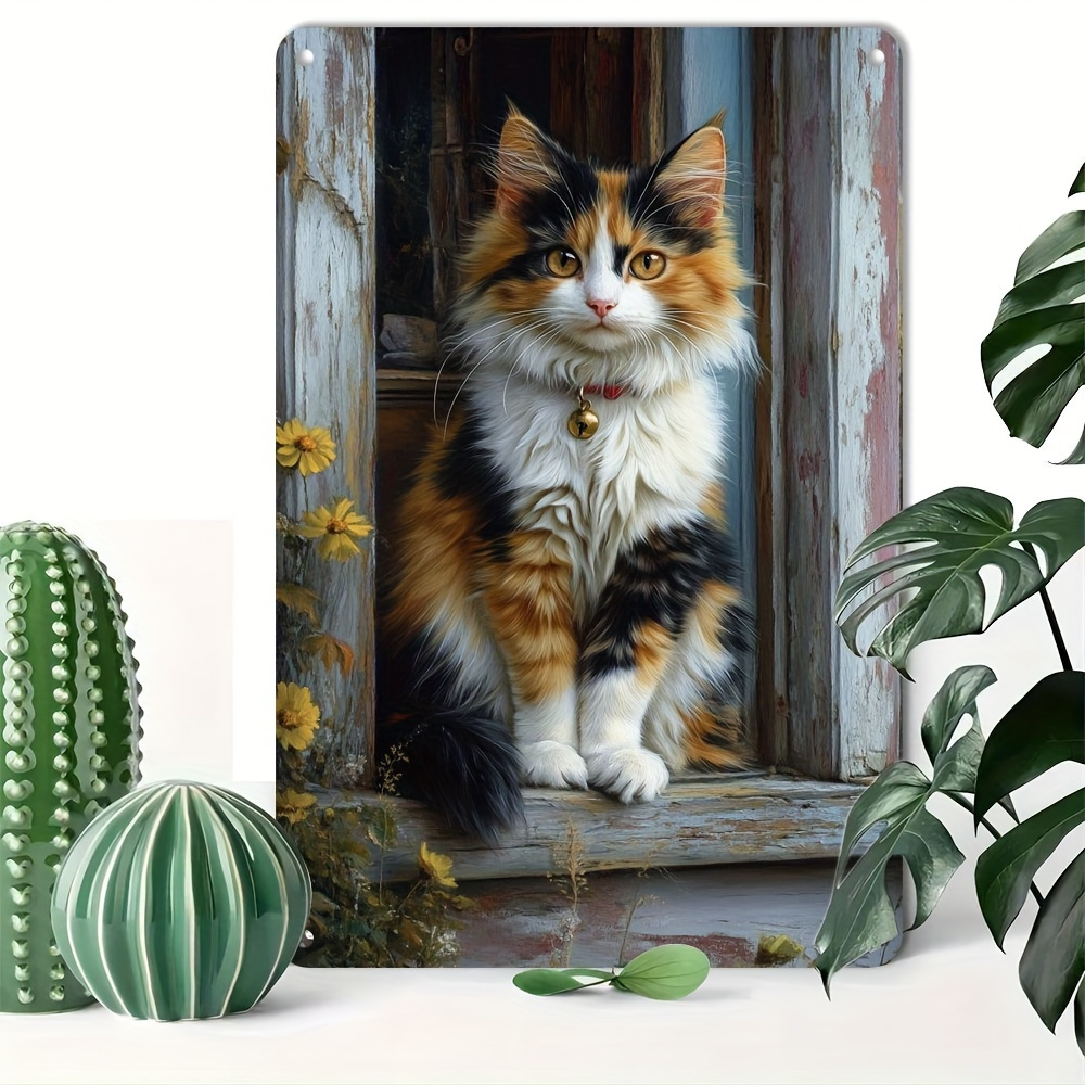 TEMU 1pc Art Mural Métal Vintage Chat Calico & Fleurs | Panneau Rustique en Aluminium, Orientation Portrait, Pas d'Électricité , Plumes, Décoration