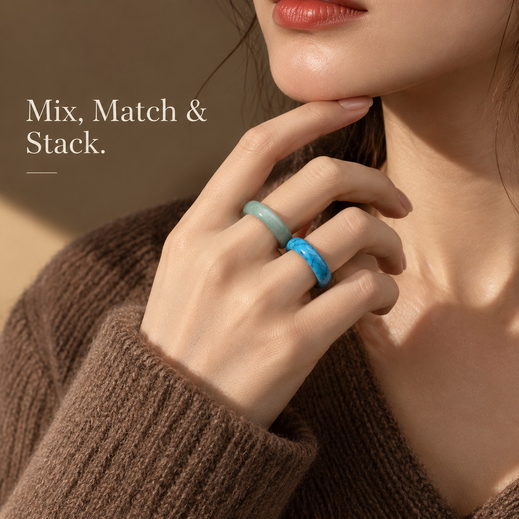 2pc Green Aventurine & Blue Turquoise Stackable Ring Set